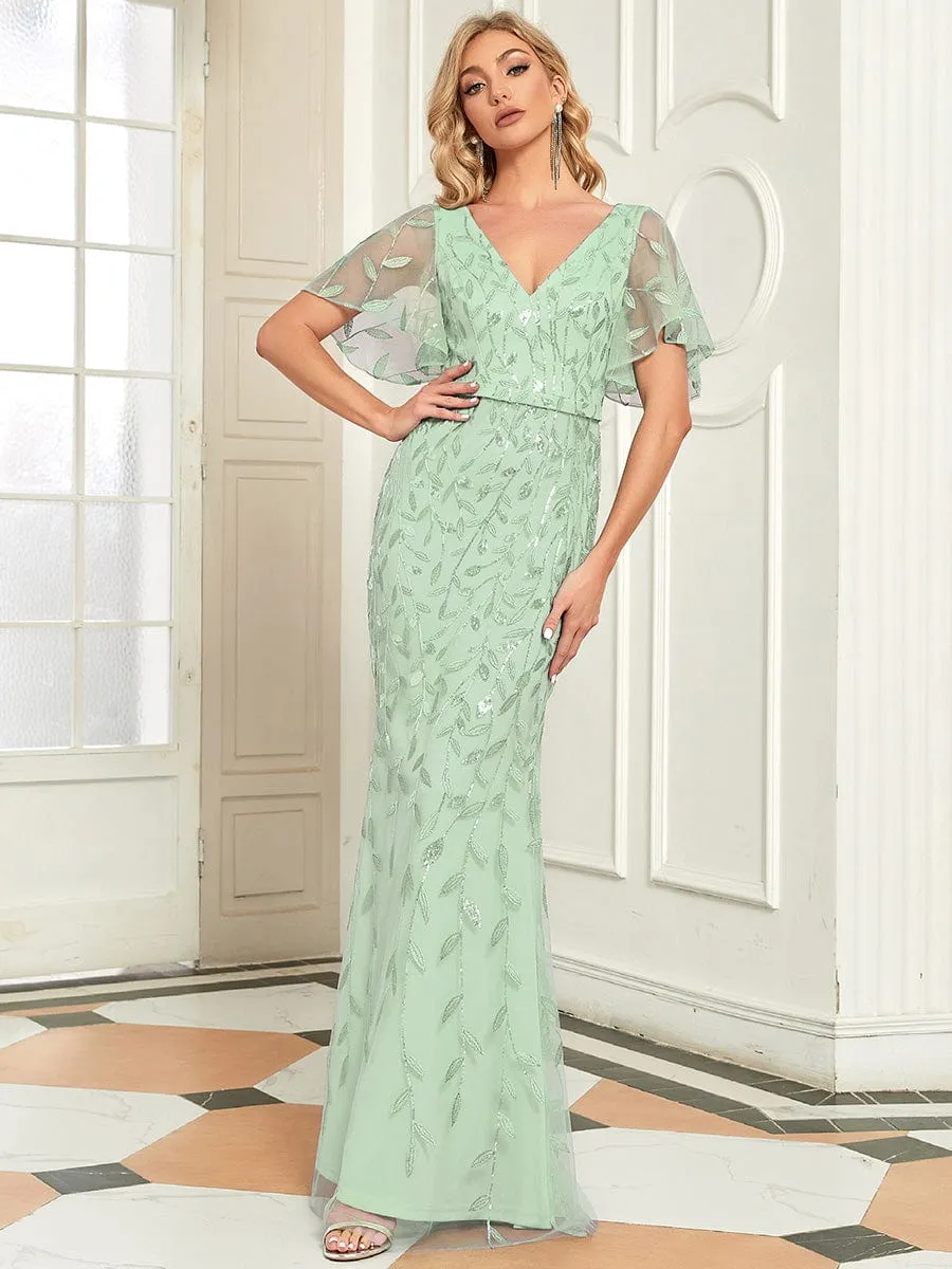 Gorgeous V Neck Leaf-Sequined Fishtail Party Dress