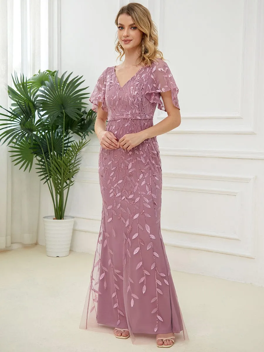 Gorgeous V Neck Leaf-Sequined Fishtail Party Dress