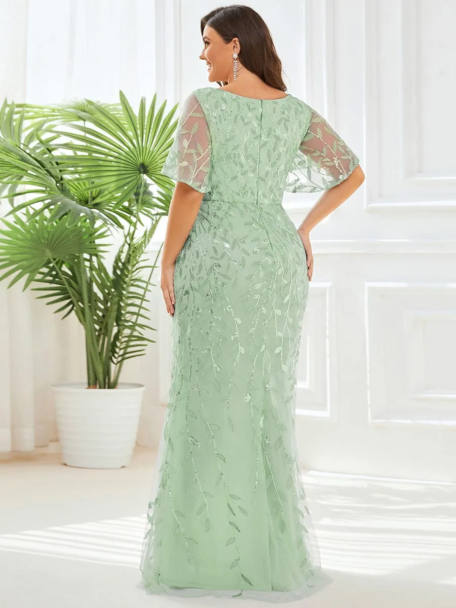 Gorgeous V Neck Leaf-Sequined Fishtail Party Dress