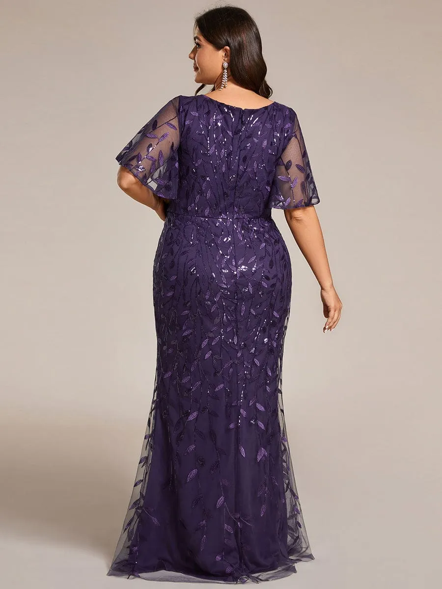 Gorgeous V Neck Leaf-Sequined Fishtail Party Dress