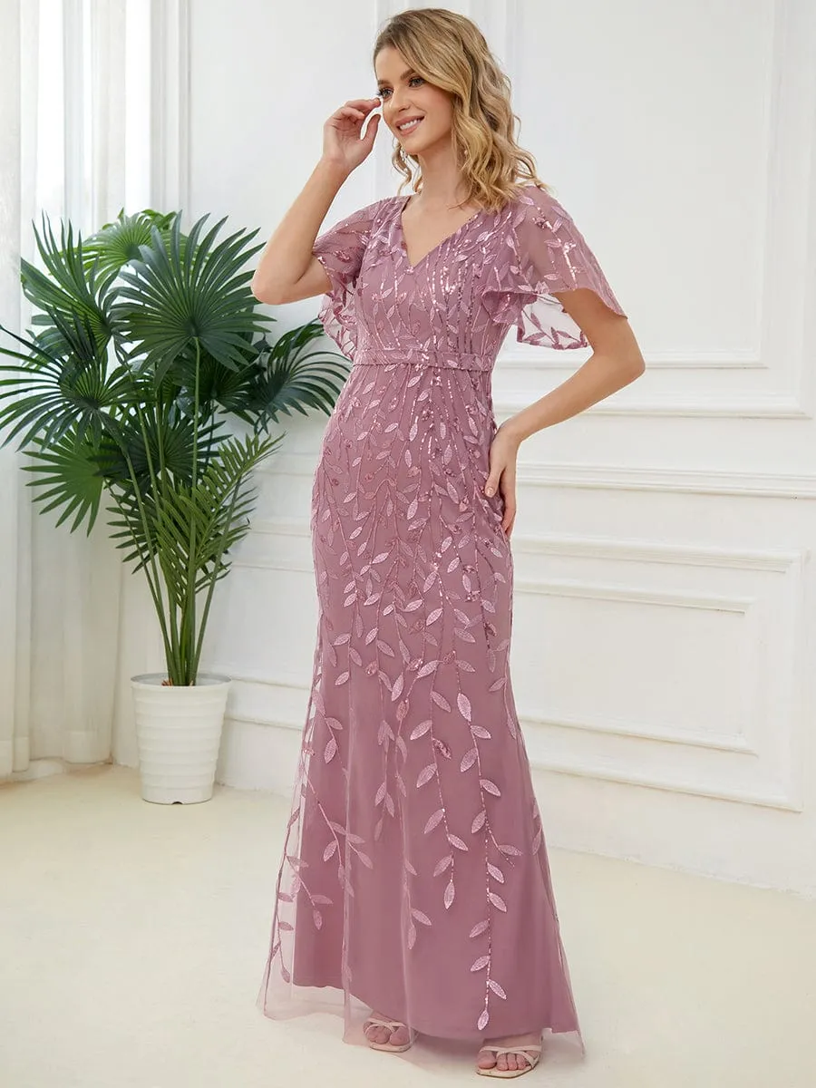 Gorgeous V Neck Leaf-Sequined Fishtail Party Dress