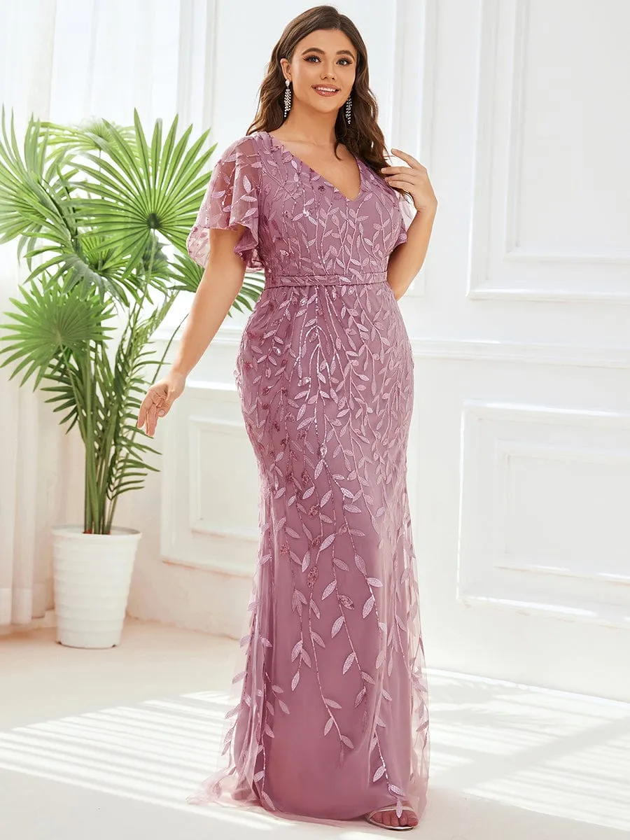 Gorgeous V Neck Leaf-Sequined Fishtail Party Dress