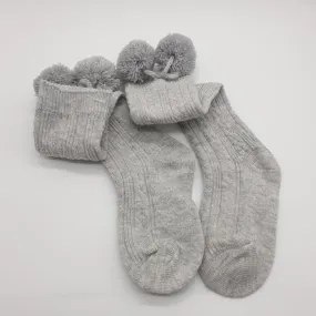 Grey Knee High Ribbed Pom Pom Socks