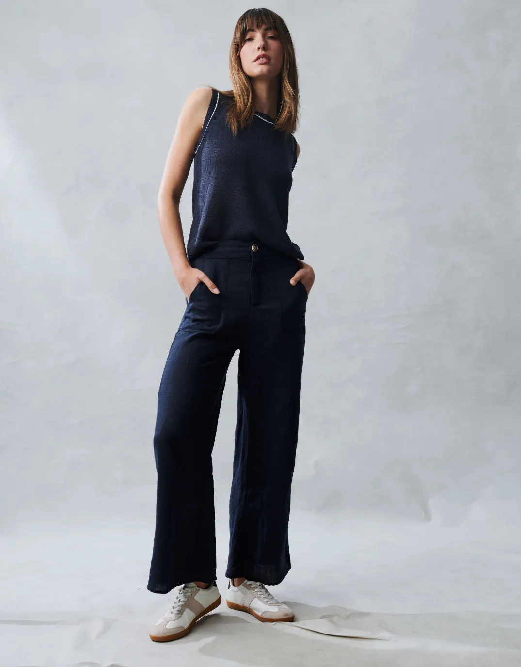 Jude Wide Leg Linen Pants - Navy