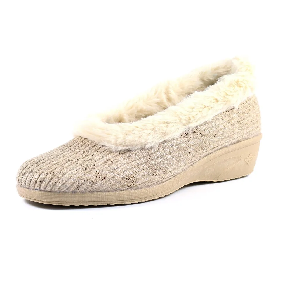 Ladies Bedroom Slippers Lunar Wedge Heel Beige Marlene KLA172