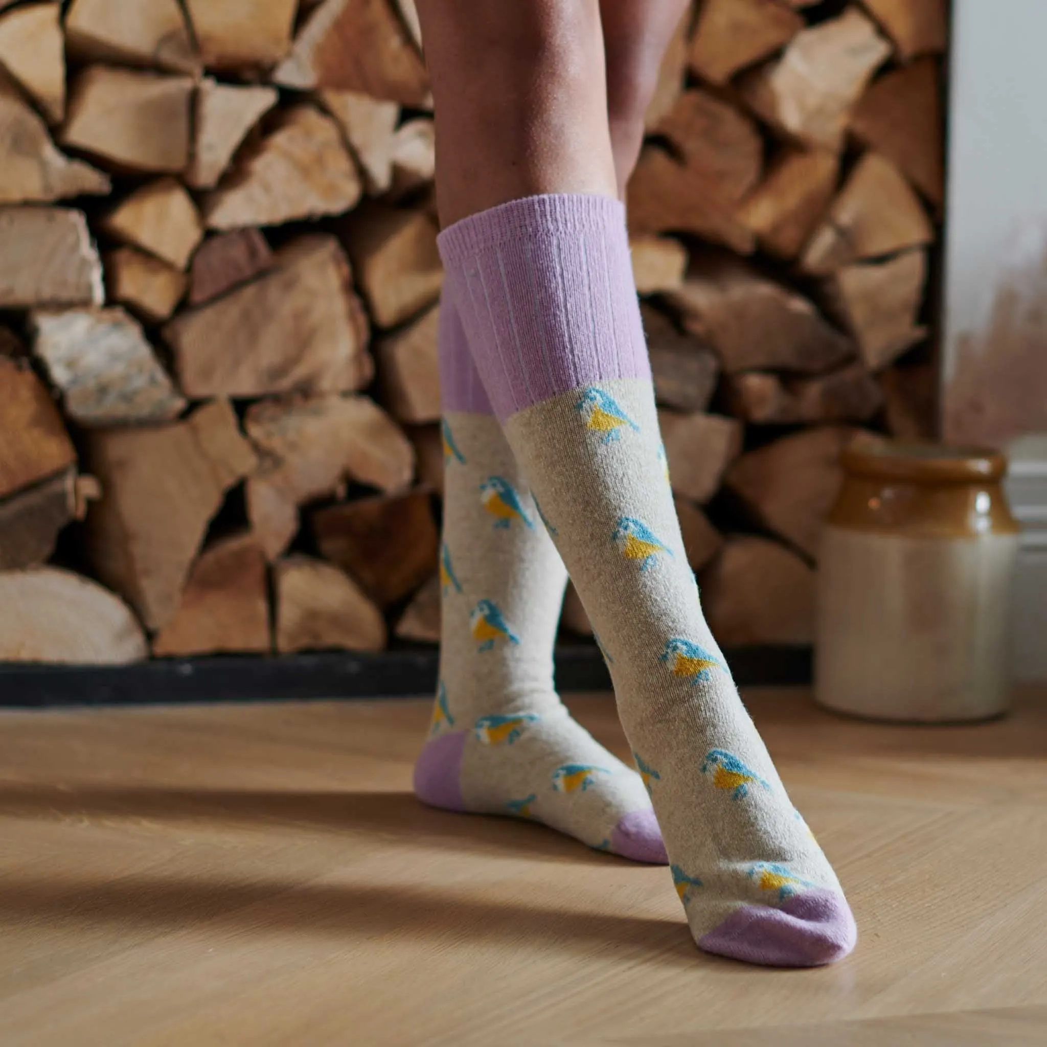 Ladies Oatmeal Blue Tits Lambswool Knee Socks