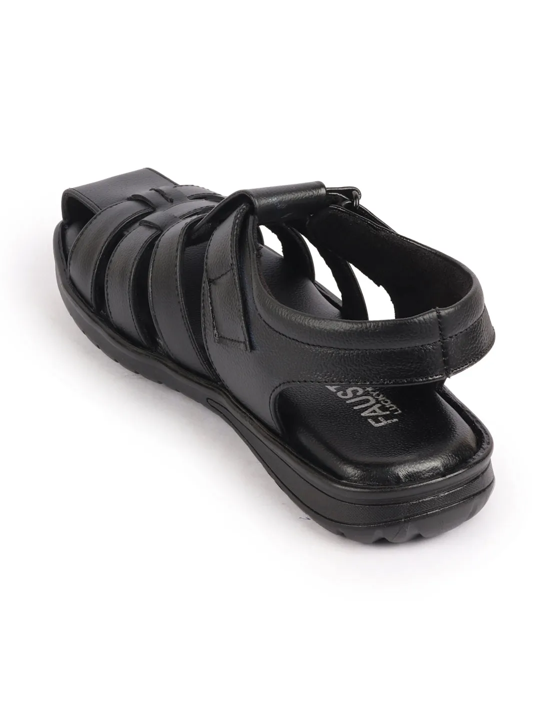 Men Black Genuine Leather Multi Strap Closed Toe Roman Sandals