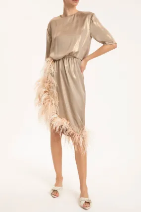 Metallic Short Dress With Feathers