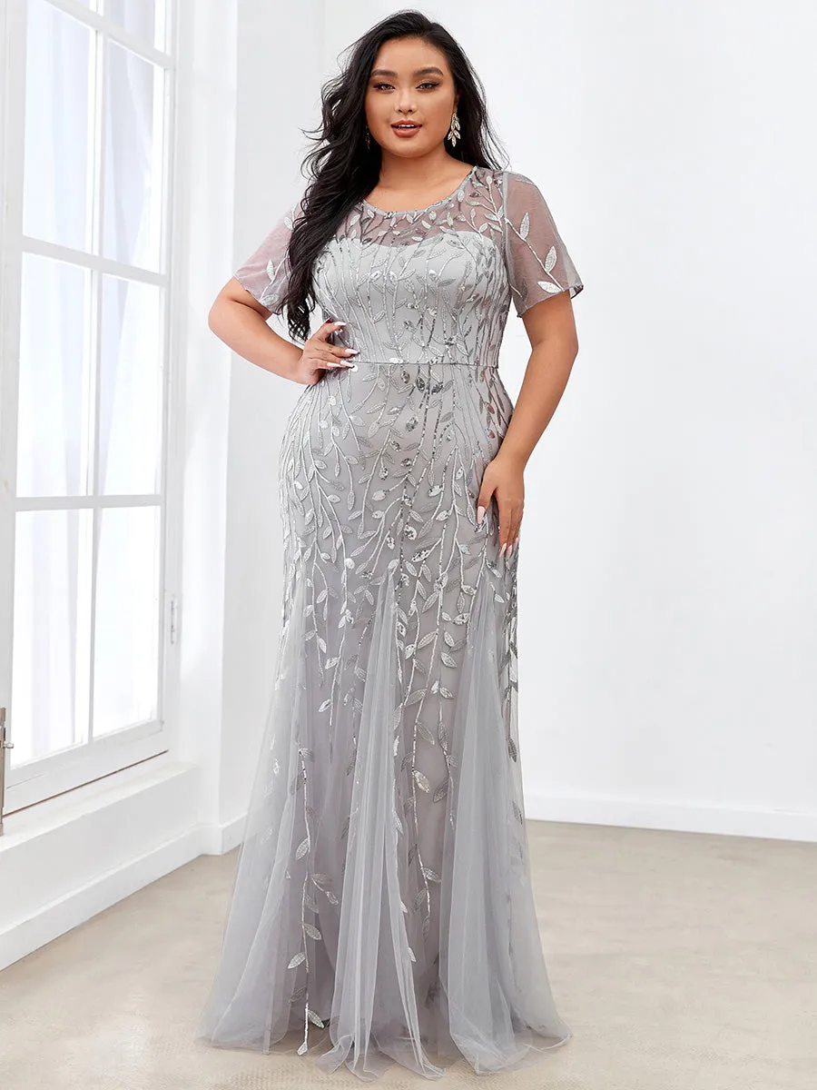 Plus Size Floral Sequin Print Fishtail Tulle Dresses for Party