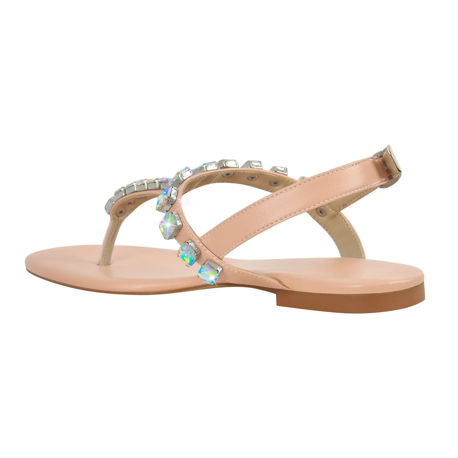 Rhinestone Flat T-Strap Thong Sandals