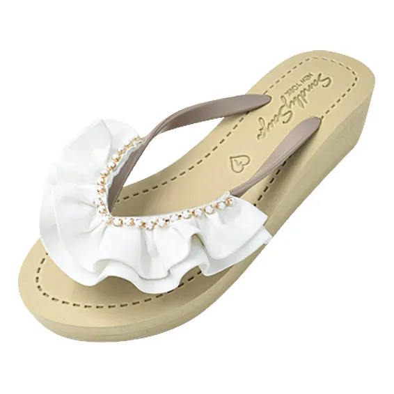 Ruffle rhinestone Rockaway White - Embroidered Mid Wedge Flip Flops