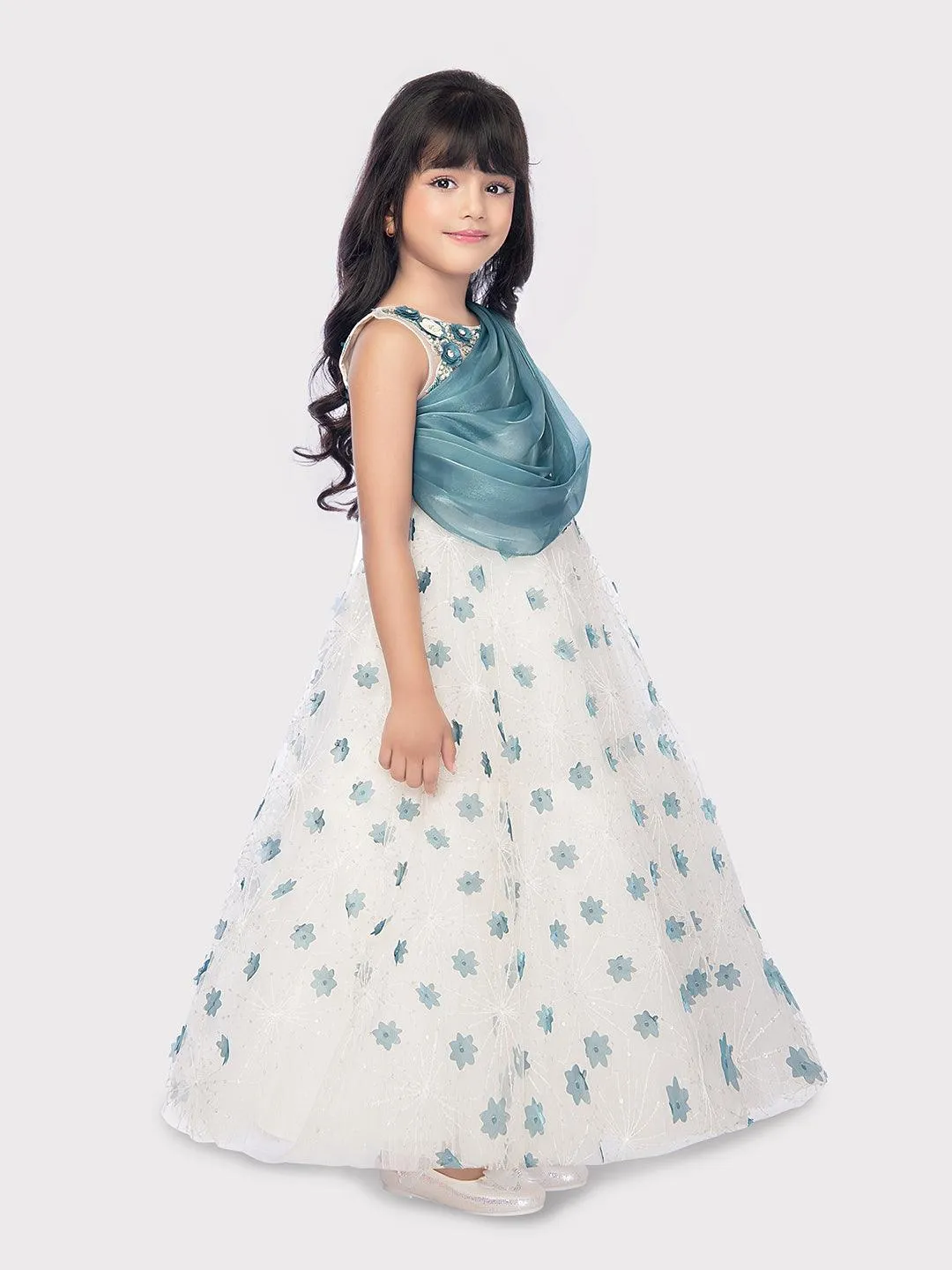 White With Blue Coloured Ball Gown For Girls / Birthday Party Wear Outfit For Kids / Online Dresses