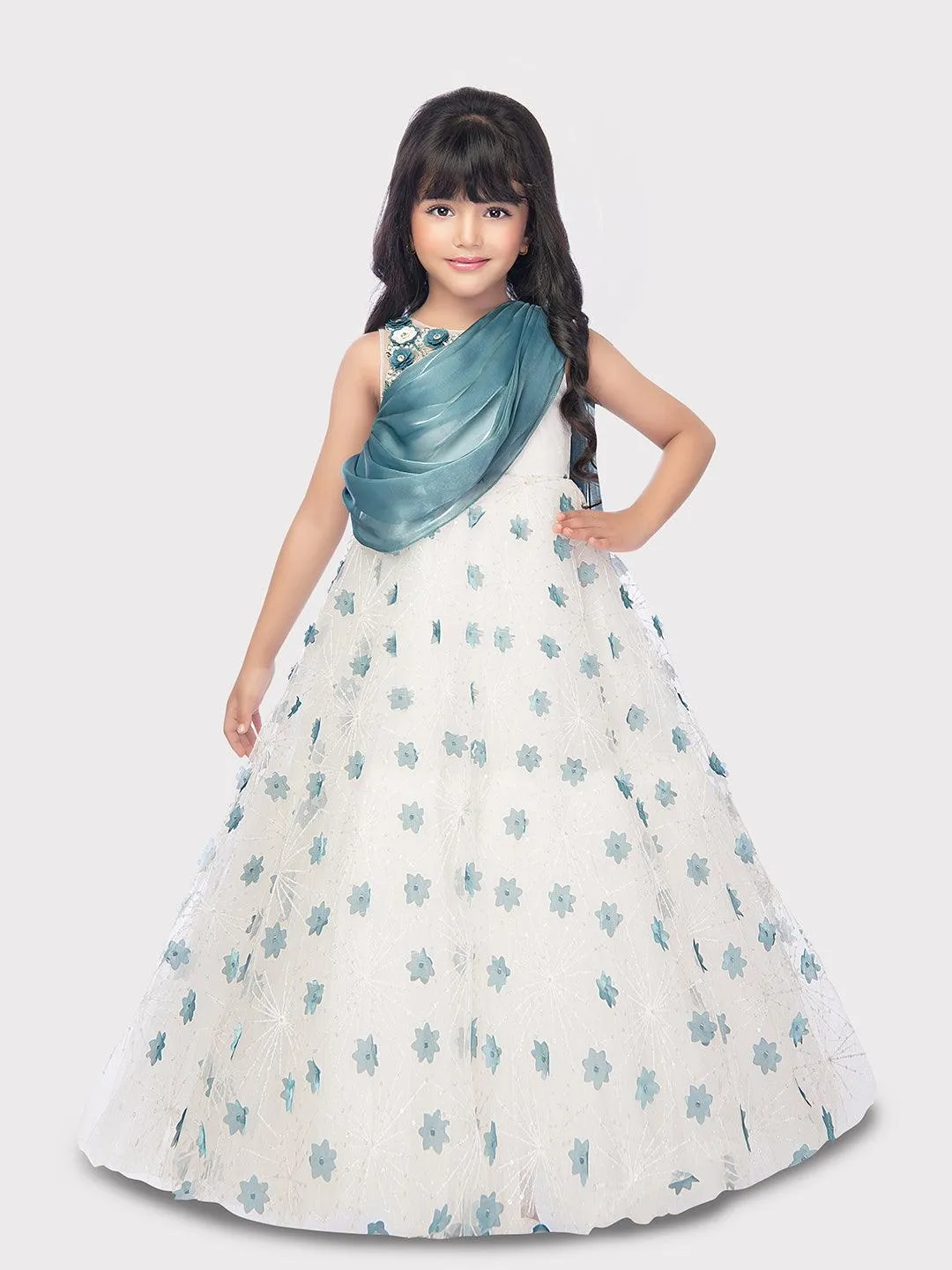 White With Blue Coloured Ball Gown For Girls / Birthday Party Wear Outfit For Kids / Online Dresses