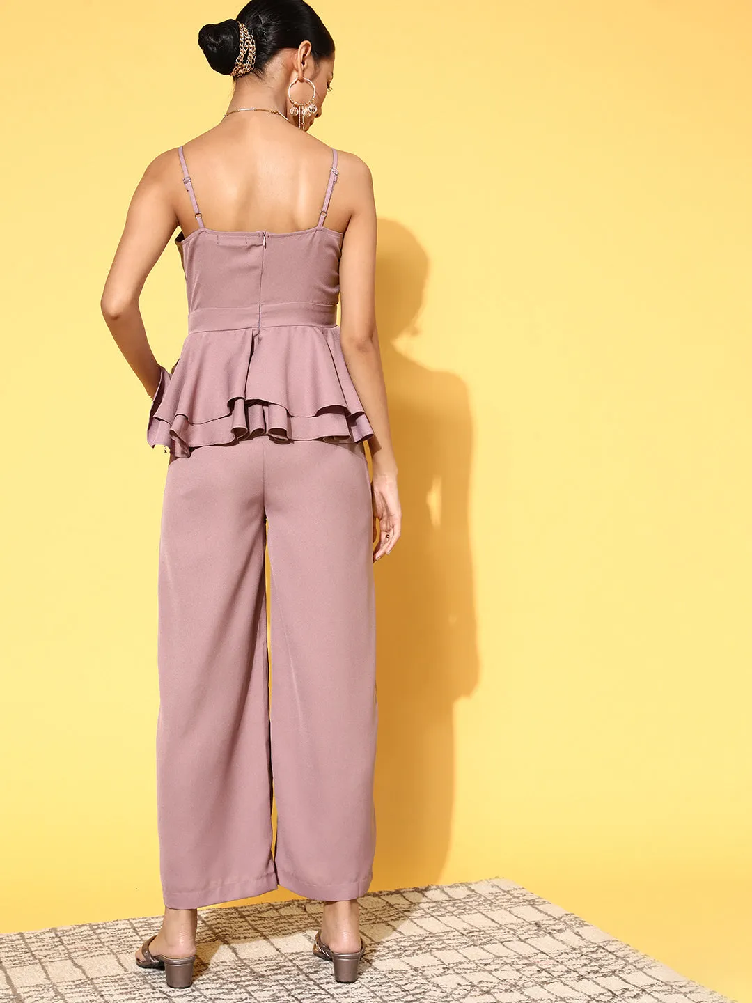 Women Lavender Strappy Peplum Layered Jumpsuit